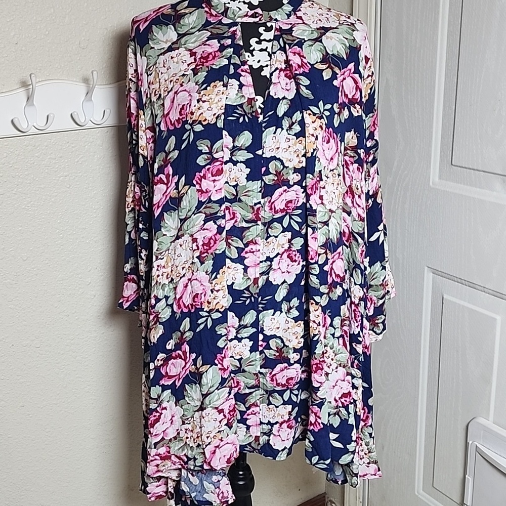 Umgee Navy Floral Oversized Tunic Dress Size Large Boho